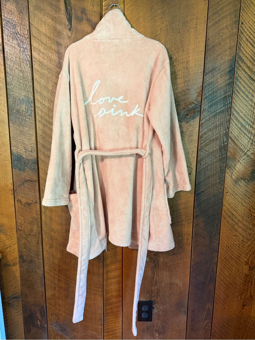 VS PINK Love Pink Back Spellout Plush Fleece Robe Blush Pink OS Y2K Cozy